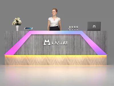 Modern Miemu Reception Desk with White Flower Vase Tablet Laptop and Illuminated Purple Pink Lighting 3d model