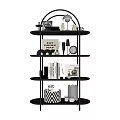 Black Multi Tiered Storage Shelving Unit With Books Decorative Items And Storage Baskets