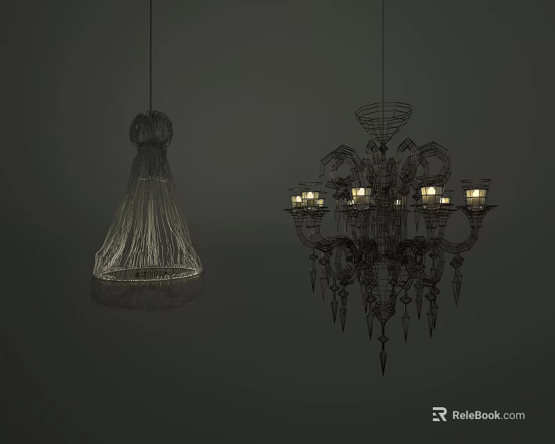 Modern Wireframe And Ornate Crystal Chandeliers With Intricate Details And Ambient Lighting 3d model 