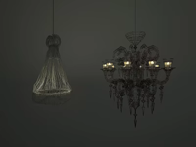 Modern Wireframe And Ornate Crystal Chandeliers With Intricate Details And Ambient Lighting 3d model