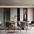 Modern Restaurant Interior With Dining Table Chairs Glass Cabinets And Statue Decor