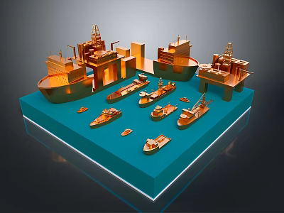 Detailed Golden Ship And Offshore Platform Models On Blue Display Base 3d model