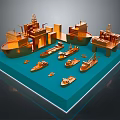 Detailed Golden Ship And Offshore Platform Models On Blue Display Base