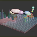 Cartoon Scene With Blue Water Pink Land Green Trees White Clouds And Orange House
