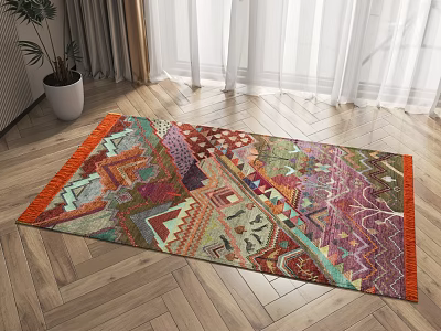 Colorful Geometric Square Area Rug On Herringbone Wooden Floor With Curtains And Plant 3d model