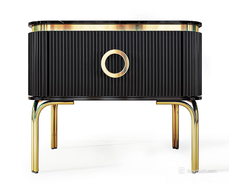 Modern Black Nightstand With Vertical Stripes Gold Circular Accent And Gold Metal Legs 3d model 