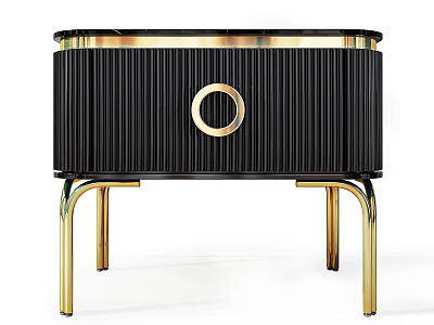 Modern Black Nightstand With Vertical Stripes Gold Circular Accent And Gold Metal Legs 3d model