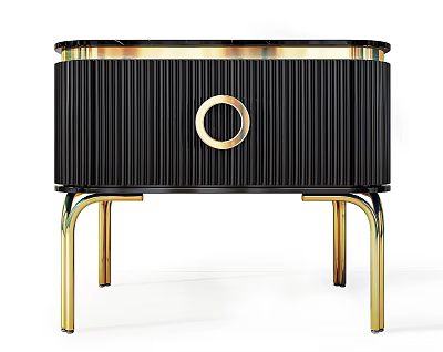 Modern Black Nightstand With Vertical Stripes Gold Circular Accent And Gold Metal Legs 3d model