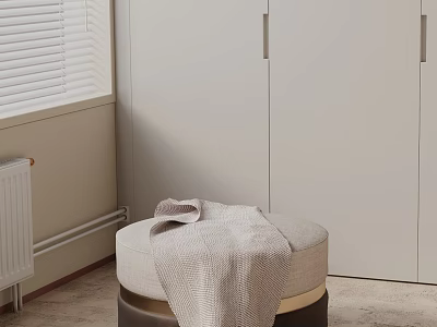Round Beige Side Table With Cozy Blanket In Modern Minimalist Room 3d model