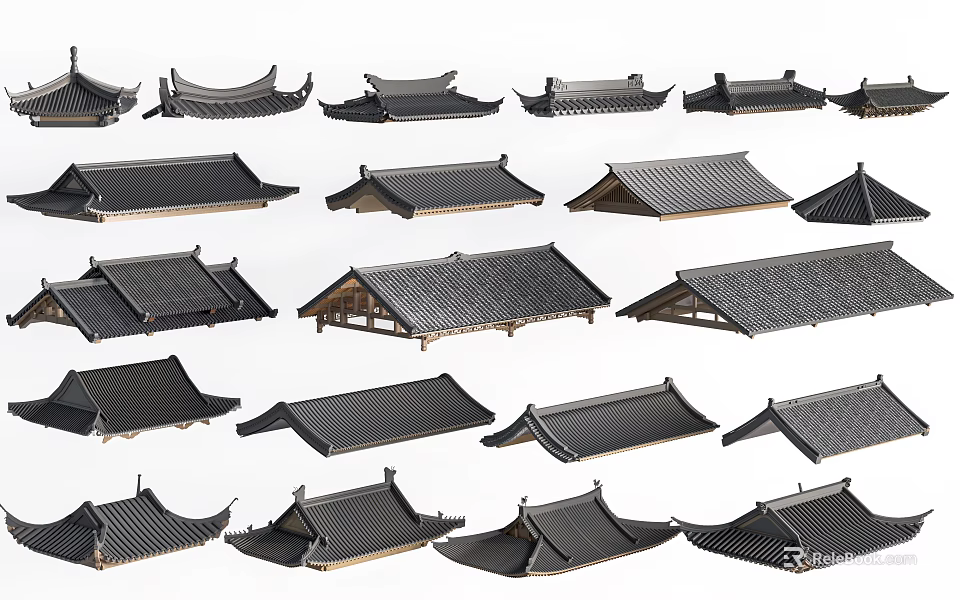 Various Traditional Architectural Roof Components Featuring Black Tiles And Wooden Frames 3d model 