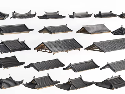 Various Traditional Architectural Roof Components Featuring Black Tiles And Wooden Frames 3d model