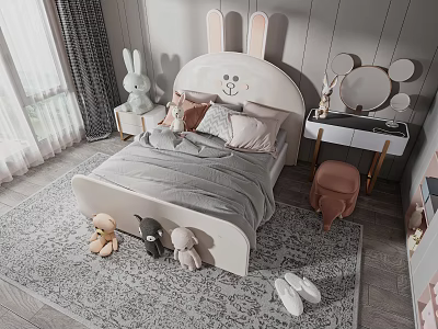 Cute Rabbit Shaped Kids Bed With Plush Toys In Nursery 3d model