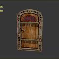 Decorative Wooden Door With Metal Frame Rivets Carved Patterns And Top Arched Window In Medieval