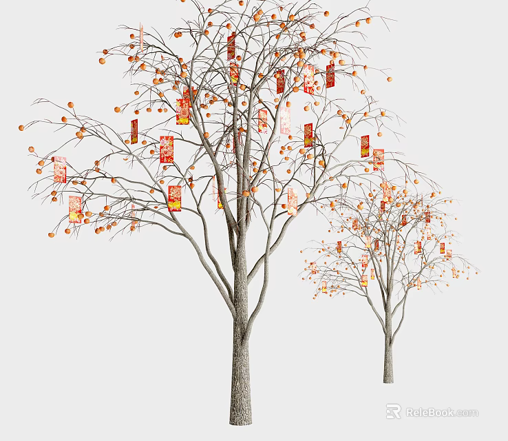 Beautiful Arbor with Orange Foliage and Red Lanterns Hanging on Branches 3d model 