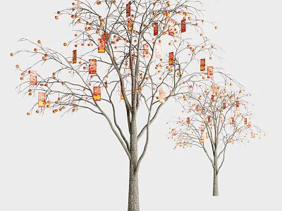 Beautiful Arbor with Orange Foliage and Red Lanterns Hanging on Branches 3d model