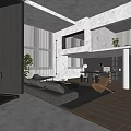 Modern Duplex Living Room Interior With High Ceiling Staircase Gray Sofa And Wooden Floor