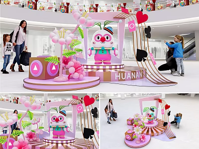 Vibrant Shopping Mall Photo Check in Spot Featuring Pink Cartoon Character Balloons And Hearts 3d model