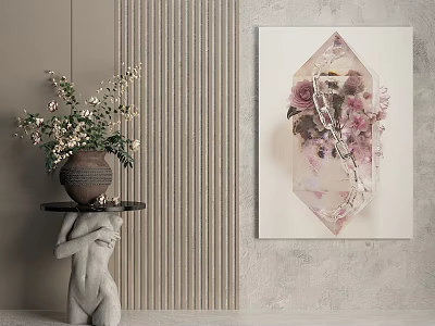 Modern Interior With Sculptural Table Vase Vertical Slat Wall And Floral Art 3d model