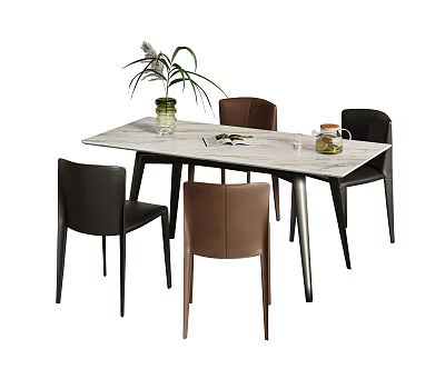 Modern Dining Table Set Featuring Rectangular Top Leather Chairs Green Plant Magazine And Cup 3d model