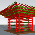 Red Pergola Structure With Green Vines And Support Columns On Brown Ground 3d model