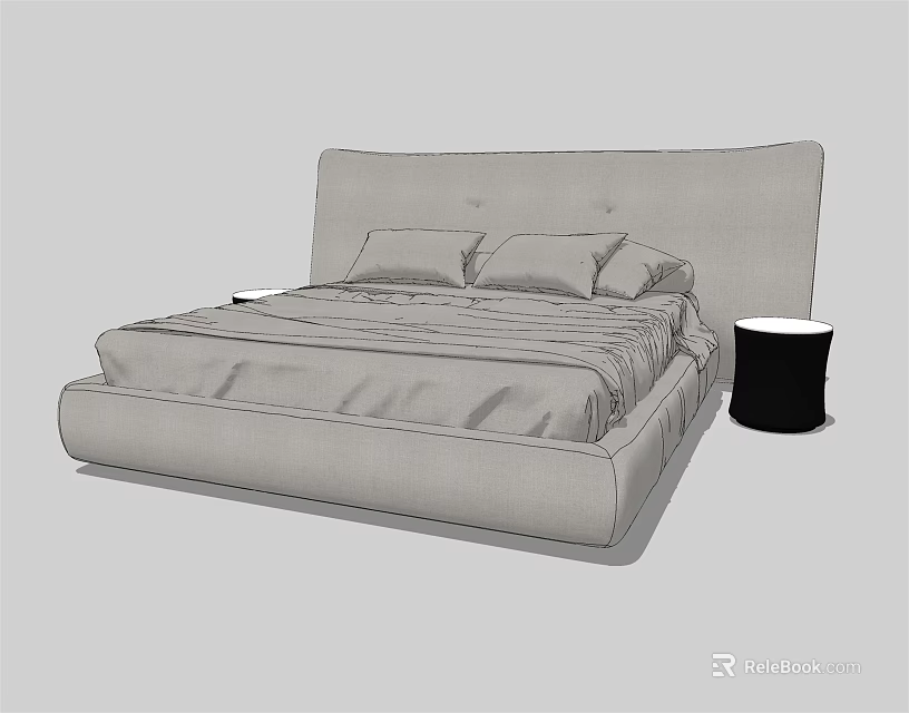 Modern Double Bed With Upholstered Headboard Pillows And Side Table 3d model 