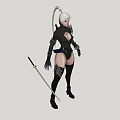 A Woman With White Hair In Black Tight Outfit Holding A Sword Standing