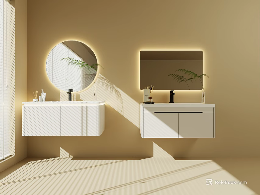 Modern White Wall Mounted Bathroom Vanity Cabinet With Lighted Round And Rectangular Mirrors 3d model
