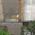 Indoor View Of Garden Landscape With Stone Wall Climbing Vines And Glass Window