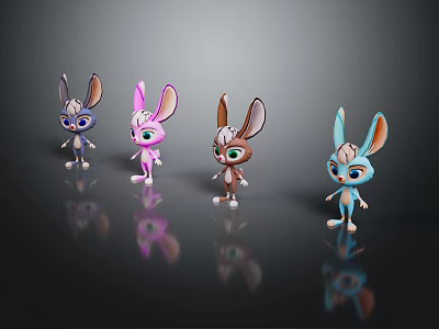 Cartoon Rabbit Characters Four Different Colored Standing On Black Background With Reflections 3d model