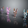 Cartoon Rabbit Characters Four Different Colored Standing On Black Background With Reflections 3d model