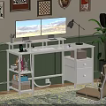 White Home Office Desk With Dual Monitors Stand Desk Lamp Flexible Shelf And Drawer Cabinet