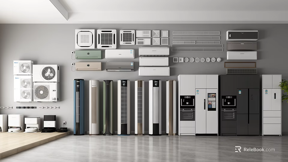 Various Types of Modern Air Conditioners and Fans in Home Appliance Showroom 3d model 