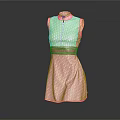 Pink Sleeveless High Neck Dress With Geometric Pattern And Waist Belt