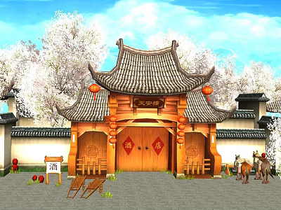 Ancient Chinese Architecture Gate With Traditional Roof Wooden Doors Red Lanterns White Flowering Trees 3d model
