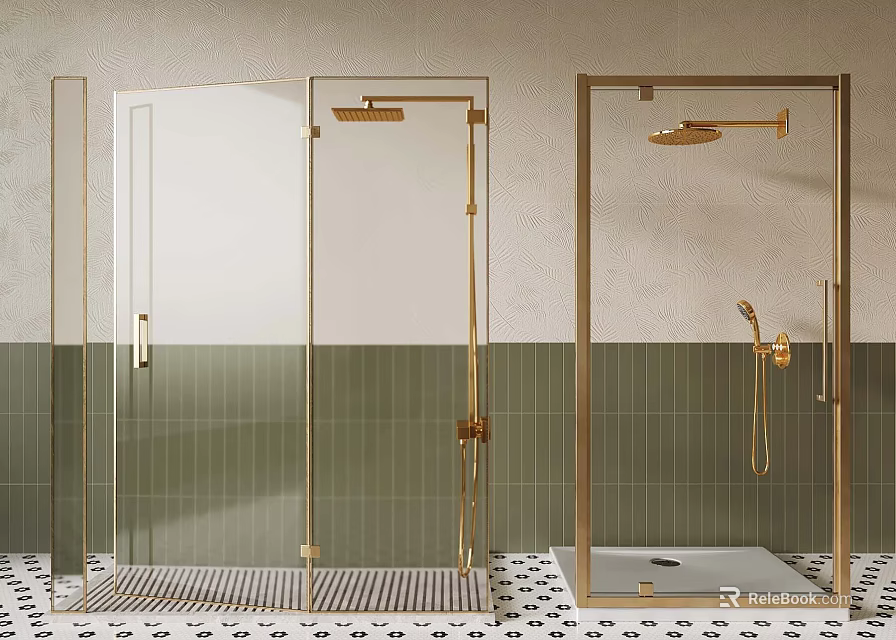 Modern Glass Shower Enclosures With Gold Fixtures Green Tiles And Floor Patterns 3d model 