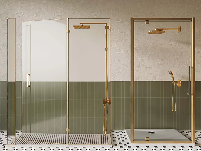 Modern Glass Shower Enclosures With Gold Fixtures Green Tiles And Floor Patterns 3d model
