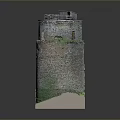 Ancient Stone Tower Scenery With Windows Battlements Green Grass At Base And Dark Background