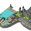 Ancient Stone Castle Architecture With Towers Moat Bridge And Courtyard