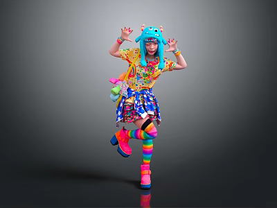 Woman In Vibrant Colorful Outfit With Blue Headpiece Rainbow Socks And Pink Shoes Dancing 3d model