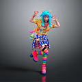 Woman In Vibrant Colorful Outfit With Blue Headpiece Rainbow Socks And Pink Shoes Dancing