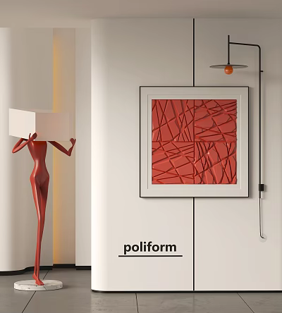 Stylish Interior With Red Sculpture Geometric Wall Art White Wall And Hanging Lamp 3d model