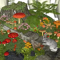 Vibrant Garden Flowers With Red Yellow Mushrooms Rabbit Ferns And Rocks