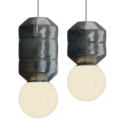 Modern Textured Dark Pendant Lights With Geometric Stacked Design And White Globe Shade 3d model