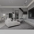 Modern Living Dining Room Interior With Light Sofa Dining Table TV Wall And Area Rug