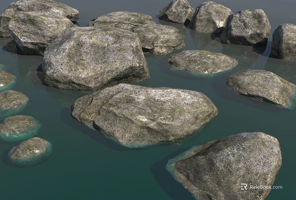 Various Sizes of Natural Stones in Calm Green Water Surface Scene 3d model 