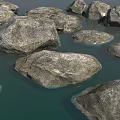 Various Sizes of Natural Stones in Calm Green Water Surface Scene