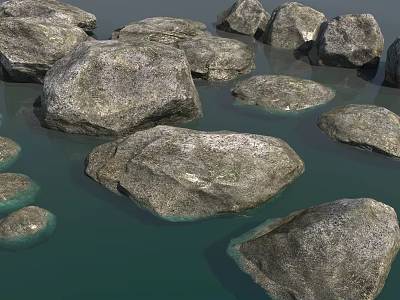 Various Sizes of Natural Stones in Calm Green Water Surface Scene 3d model