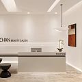 Modern Beauty Salon Interior With Reception Desk Black Stools And Stylish Lighting