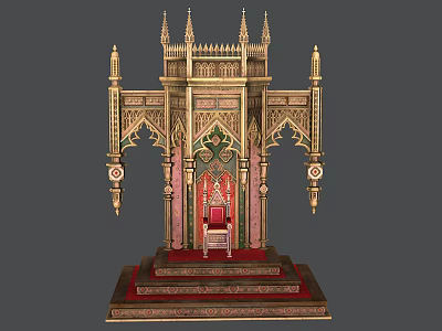 Ornate Royal Throne With Elaborate Carved Design Red Cushioned Seat And Tiered Steps 3d model