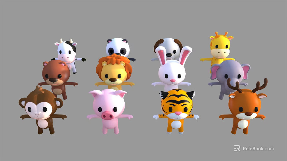 Cute Cartoon Animal Toys Collection With Various Characters Like Panda Lion And Rabbit 3d model 